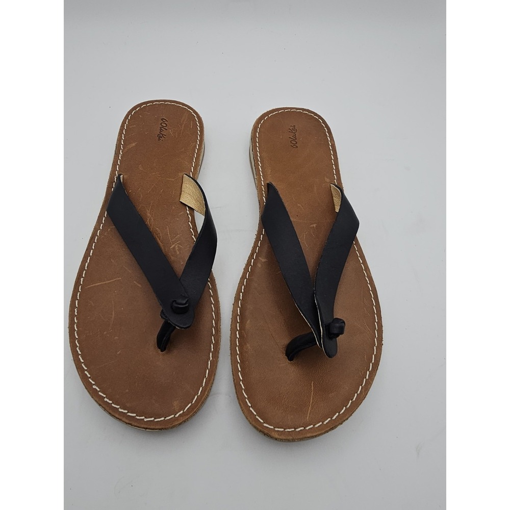 OluKai Women's Black Leather Thong Flip Flop Sandals Size 8